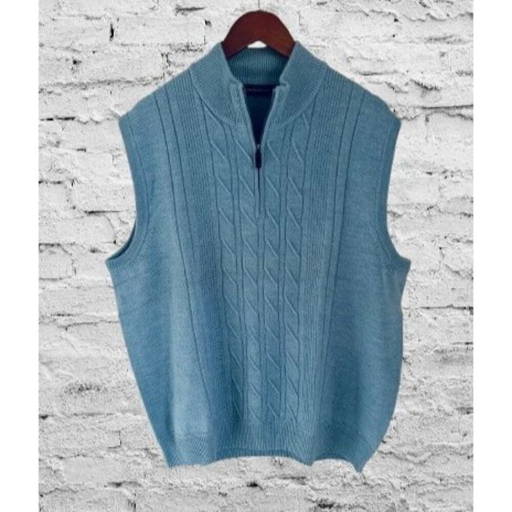 Carnoustie Blue Cable Knit Merino Wool Sleeveless Quarter-Zip Sweater Vest XL